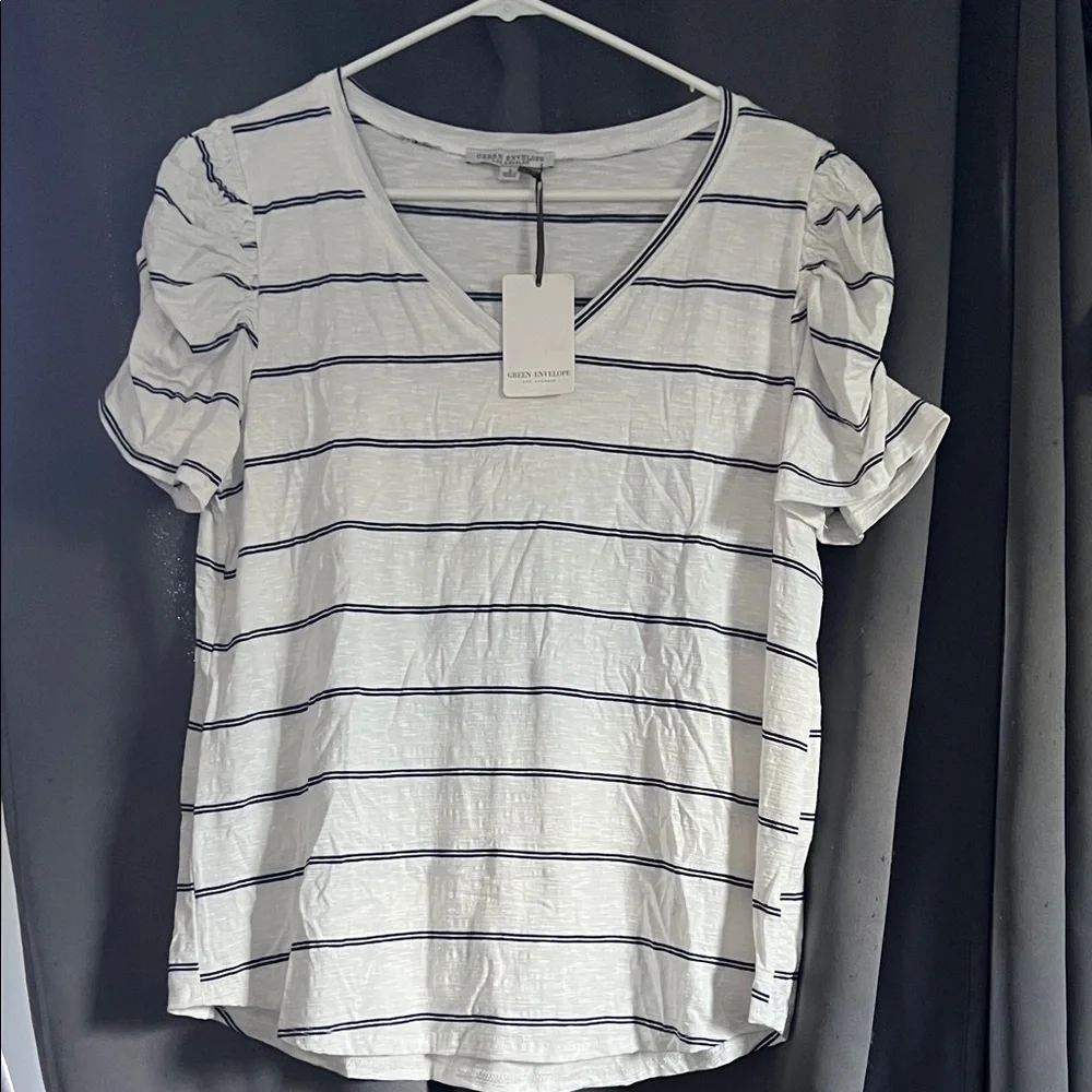 Green Envelope White and Black Striped Short Sleeve Top - Picture 1 of 1